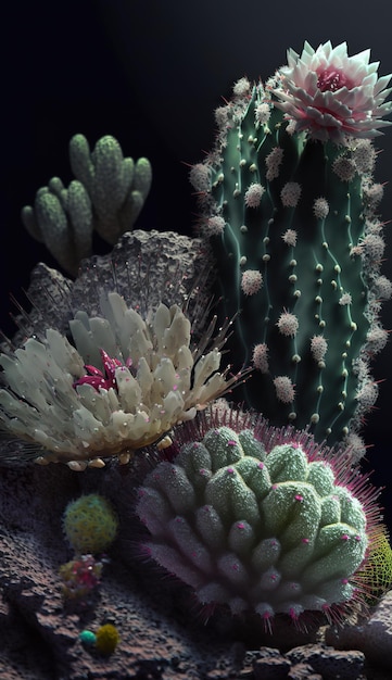 A cactus with white flowers and green leaves