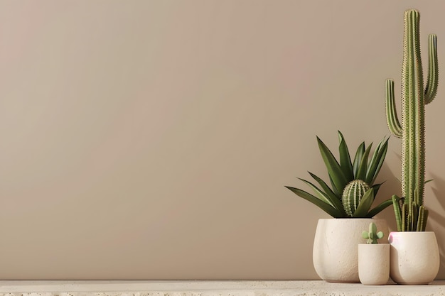 Cactuses in clay pots on white shelf against beige wall