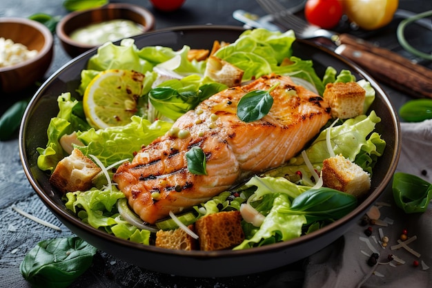 Caesar Salad This classic salad consists of fresh lettuce leaves grilled salmon crispy croutons Parmesan cheese and Caesar dressing making it the perfect choice for a summer lunch