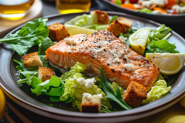 Caesar Salad This classic salad consists of fresh lettuce leaves grilled salmon crispy croutons Parmesan cheese and Caesar dressing making it the perfect choice for a summer lunch