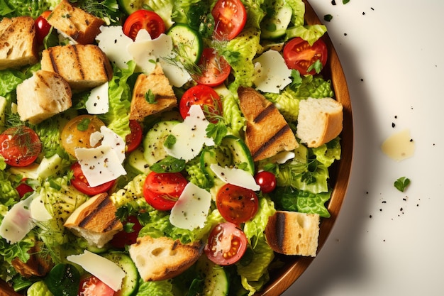 Caesar salad top view Vivid Wonderland photography style highly saturated colors