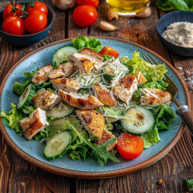 Caesar Salad with Chicken Croutons Tomatoes Cucumbers on Blue Plate Green Salad with Parmesan