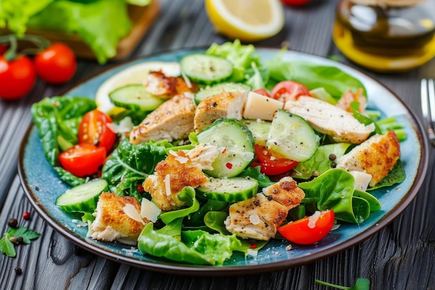 Caesar Salad with Chicken Croutons Tomatoes Cucumbers on Blue Plate Green Salad with Parmesan