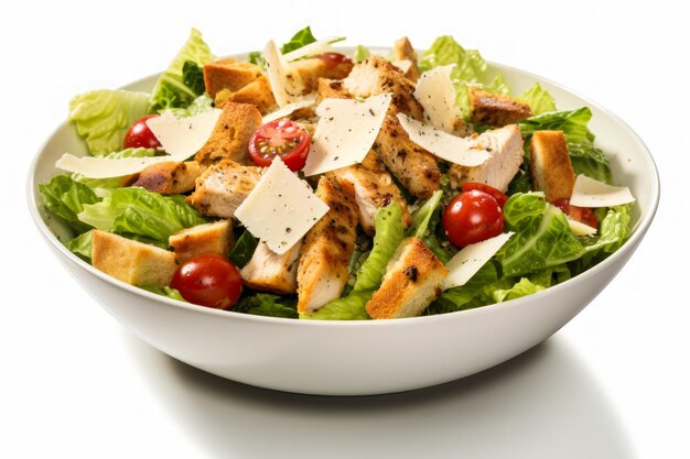 Caesar Salad With chicken Parmesan cheese tomatos and Caesar dressing white isolated background