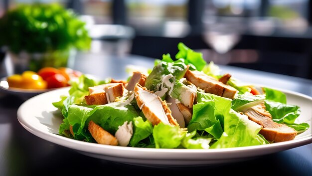 Photo caesar salad with chicken on a restaurant background photography