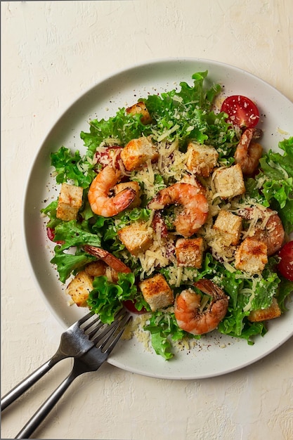 Caesar salad with shrimp on a white background homemade no people