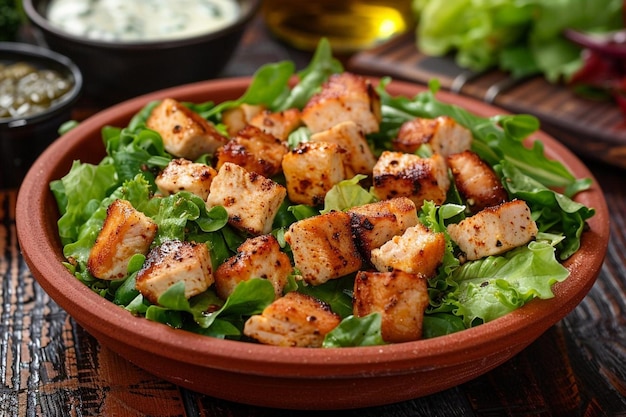 Caesar salad on wood table