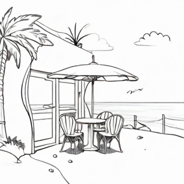 cafe on the beach line art white background