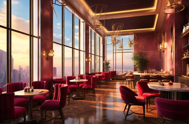 The cafe interior in a tall high building