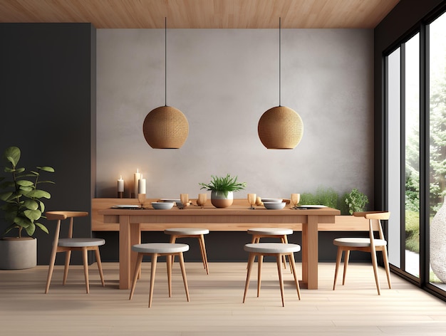 Cafe interior with table and chairs in beige tones