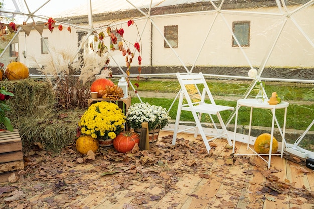 The cafe is decorated in autumn style. Time for coffee. Beautifully decorated.