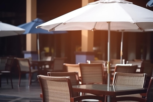 Cafe or restaurant tables and chairs outside with umbrella