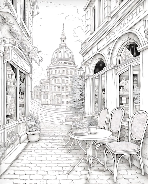 Cafe on the Street Outline Drawing