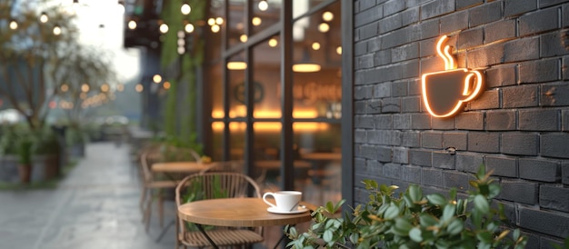 Cafe Terrace with Illuminated Coffee Cup Sign