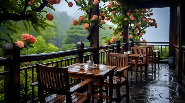 Cafe terrace with pink hydrangea flowers in fog