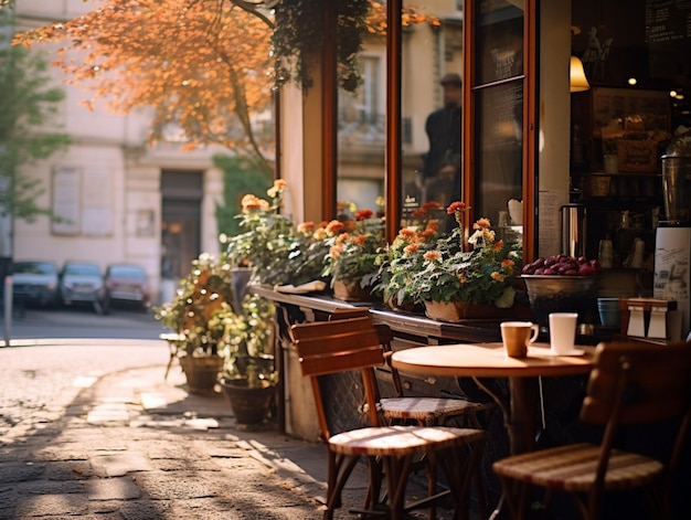 A cafe with a table and chairs and a sign that says " cafe ".