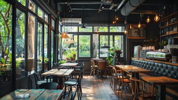 a cafe with tables and chairs and a window with the word  on it