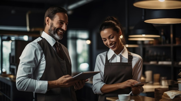 Photo cafe worker and manager smiling and engaging with each other while using a tablet