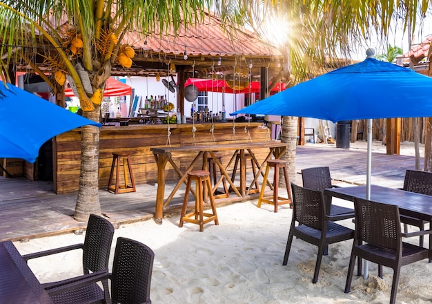 Cafes pubs and beach restaurants on the tropical island Isla Mujeres in Mexico