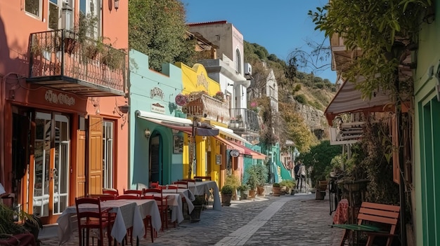 Cafes and restaurants on the walking streets of the Turkish tourist city Generative Ai