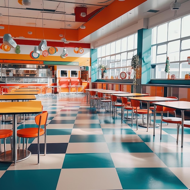 Photo a cafeteria with a colorful wall and tables and chairs