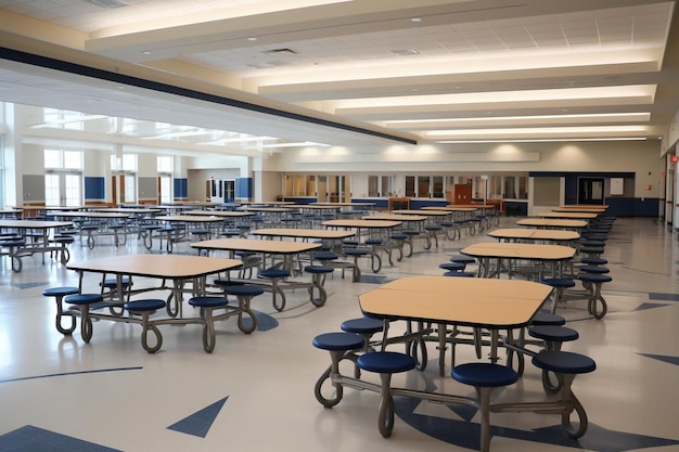 Cafeteria with lunch tables and trays