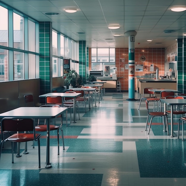 Photo a cafeteria with tables and chairs and tables with chairs and tables