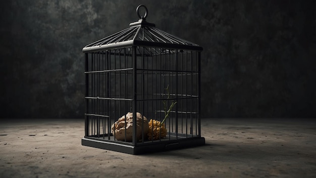 a cage with a plant in it that says  dead  on the bottom