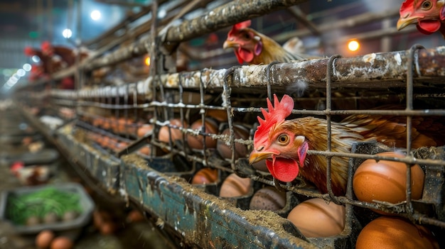 Caged hens on farm concept of efficient egg production and laying for optimal productivity