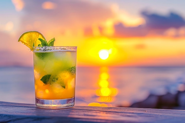 A Caipirinha against the backdrop of a colorful sunset with copy space for promoting beach bars