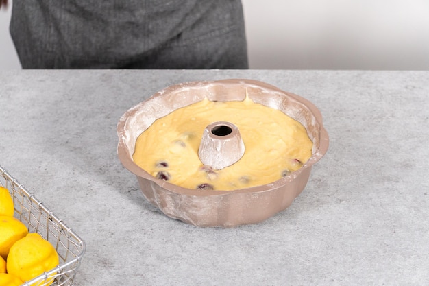 Cake batter in bundt cake pan ready for baking.