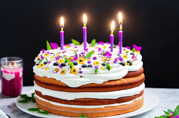 Cake Birthday cake with lit candles Generative AI