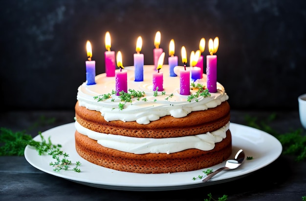 Cake Birthday cake with lit candles Generative AI