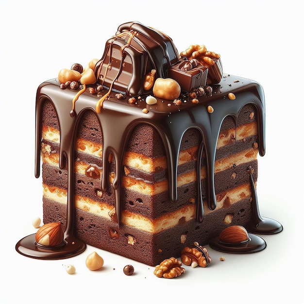 a cake of chocolate with chocolate splashing and nuts