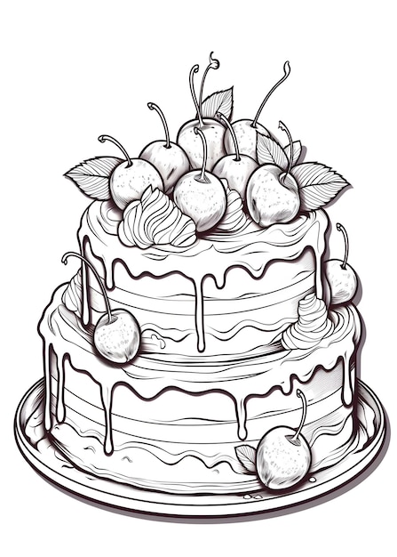 Cake Coloring Page Birthday Cake Coloring Page Wedding Cake Coloring Pages Hand drawn birthday cake outline illustration coloring book page AI Generative