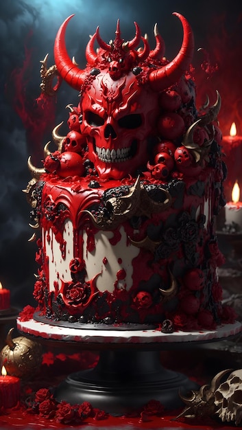 Cake concept of hell with a red demon with terrifying horns and decorated with skulls Ai generative