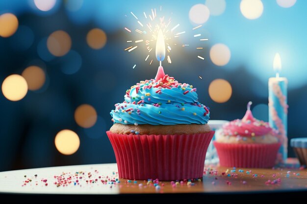 A cake and cupcakes are on a table with balloons and a cake on it