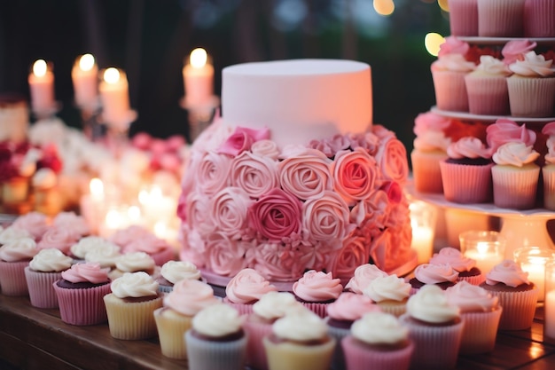 Cake Cupcakes and Blooms on the Dessert Table