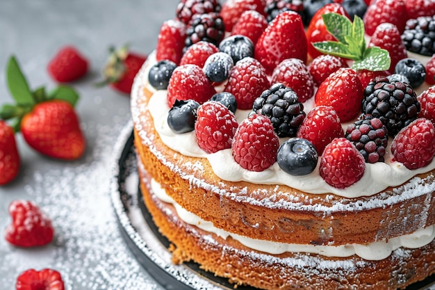 Photo cake decorated with berries and cream