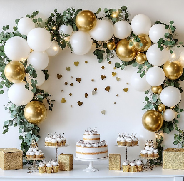 a cake display with a bunch of balloons and a cake with a gold heart on it