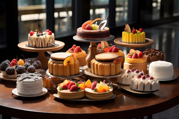 cake display with a variety of pastries