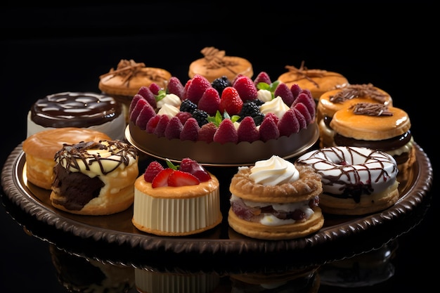 cake display with a variety of pastries