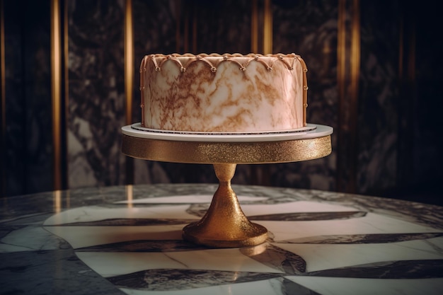 A cake on a gold stand with a marbled cake on top.