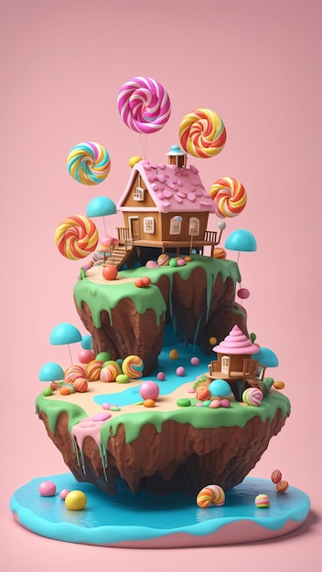 Cake House With Lollipops And Jelly Candies 3D Rendering