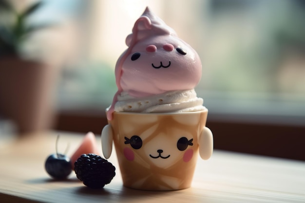 Cake kawaii closeup Sweet cute dessert with positive anime face indoors Generative AI