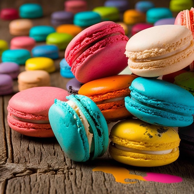 Cake macaron or macaroon stack on wooden table colorful bright cookies closeup