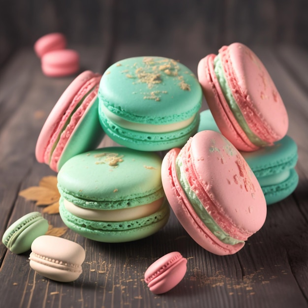 Cake macaron or macaroon stack on wooden table colorful mint and pink almond cookies pastel colors