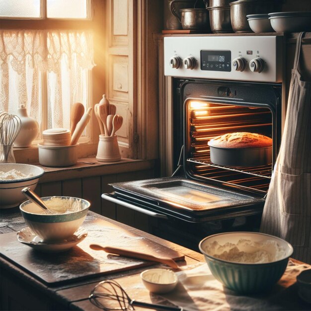 Cake in open oven in kitchen