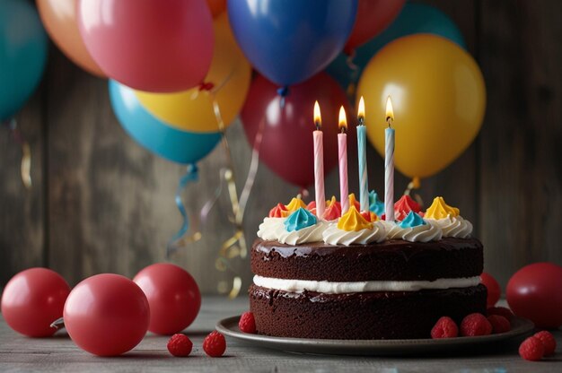 Cake piece with candle and balloons