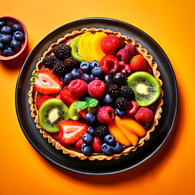 Photo cake platter with assorted fruit tarts on vibrant orange background